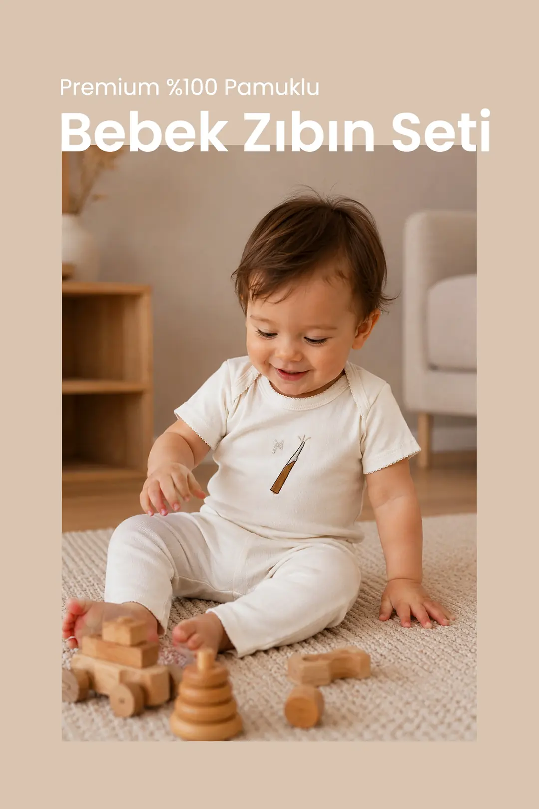 Kısa Kollu Bebek Body Zıbın Takımı - Nakış İşlemeli