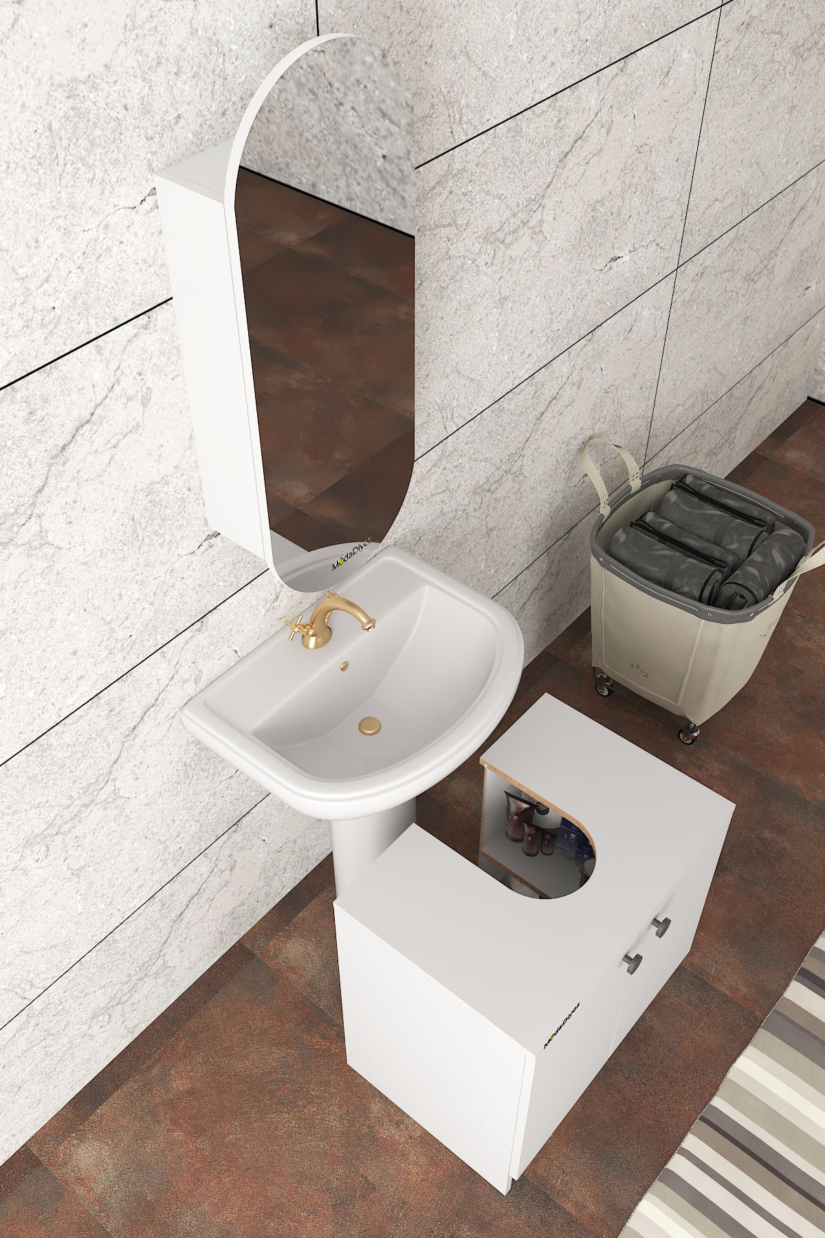 Modelisa Lavabo Altı Dolap ve Üst Aynalı Banyo Dolabı Beyaz 